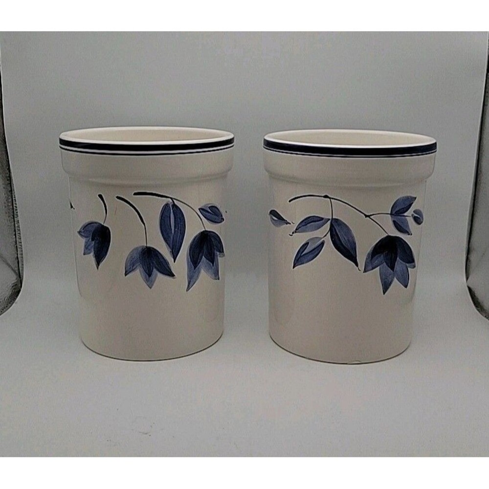 2 White & Blue Ceramic Crock Small Utensil Holders 5" x 4¾" ~ Vtg ~ Pretty